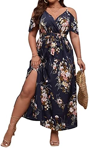 Plus Size Cold Shoulder Short Sleeve Split Thigh Long