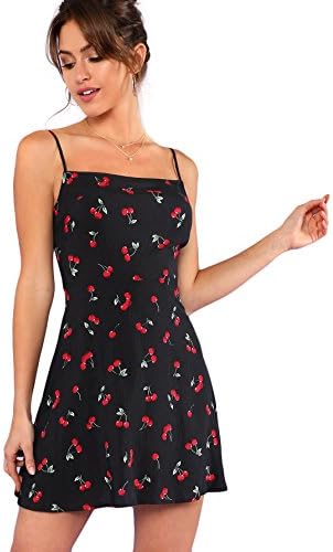 Summer Floral Cherry Print A Line Short Cami Dress